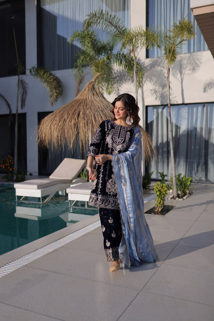 Navy Blue Velvet Zari Embroidered Top Pant Set with Sequins Dupatta ClothsVilla