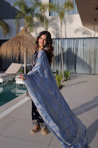 Navy Blue Velvet Zari Embroidered Top Pant Set with Sequins Dupatta ClothsVilla