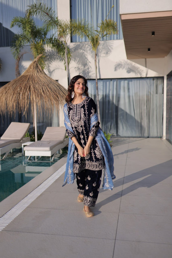 Navy Blue Velvet Zari Embroidered Top Pant Set with Sequins Dupatta ClothsVilla