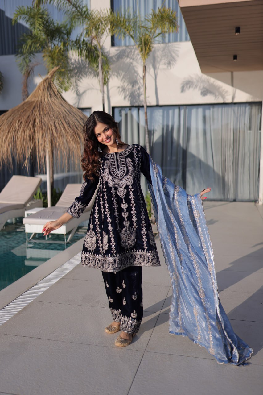 Navy Blue Velvet Zari Embroidered Top Pant Set with Sequins Dupatta ClothsVilla