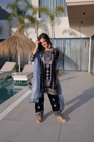Navy Blue Velvet Zari Embroidered Top Pant Set with Sequins Dupatta ClothsVilla