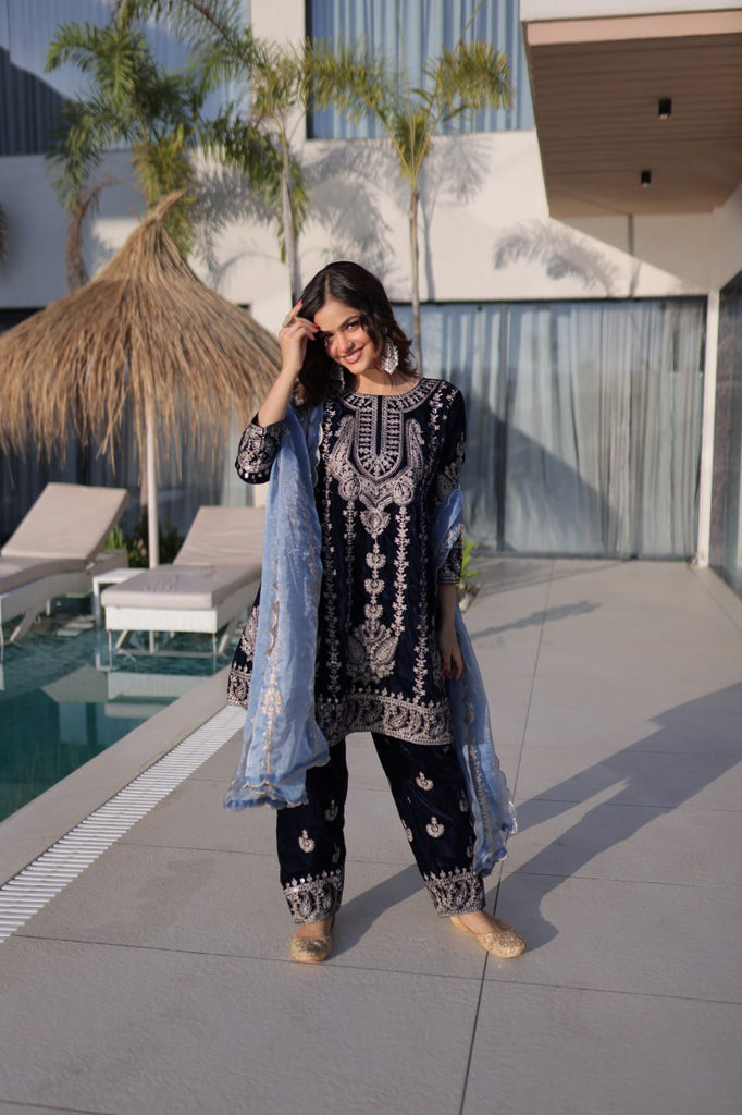 Navy Blue Velvet Zari Embroidered Top Pant Set with Sequins Dupatta ClothsVilla