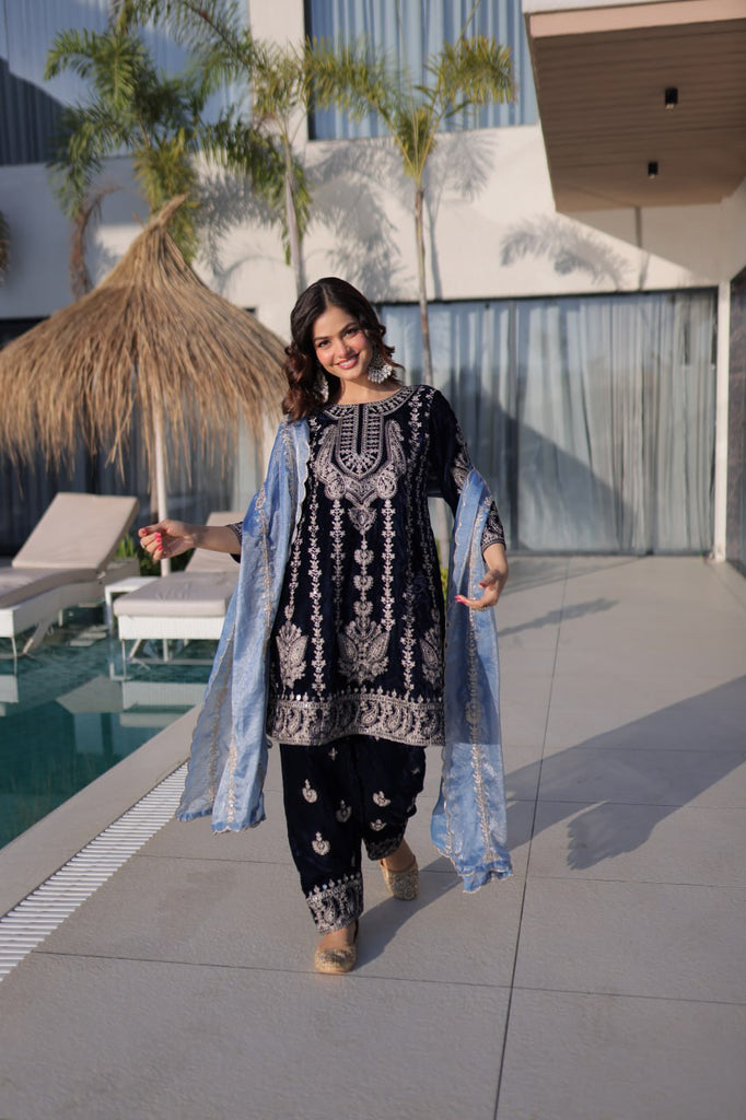 Navy Blue Velvet Zari Embroidered Top Pant Set with Sequins Dupatta ClothsVilla