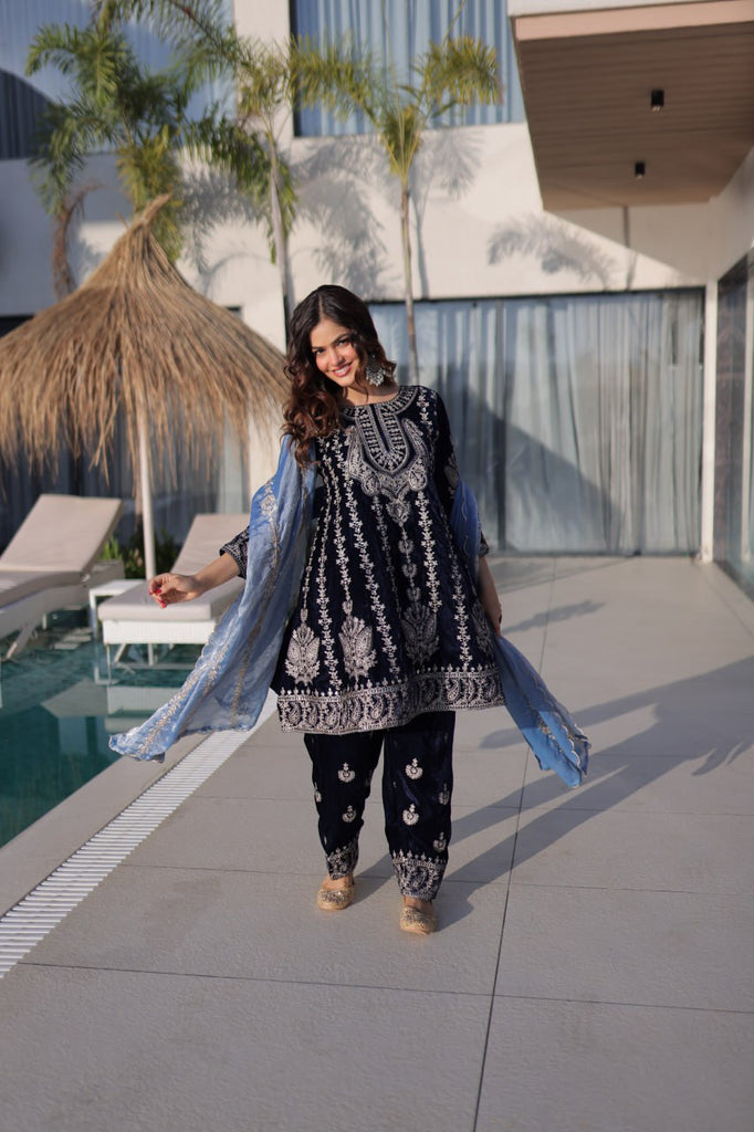 Navy Blue Velvet Zari Embroidered Top Pant Set with Sequins Dupatta ClothsVilla