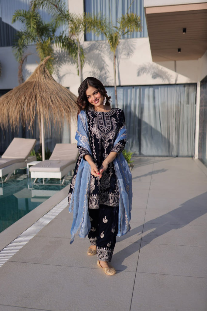 Navy Blue Velvet Zari Embroidered Top Pant Set with Sequins Dupatta ClothsVilla