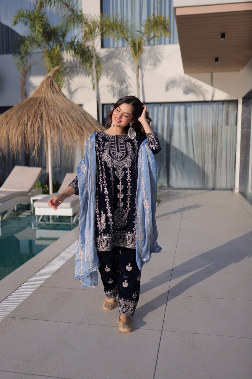 Navy Blue Velvet Zari Embroidered Top Pant Set with Sequins Dupatta ClothsVilla