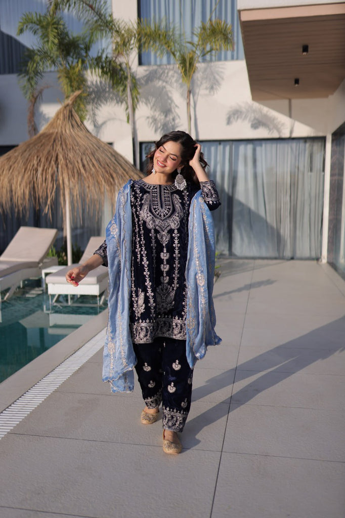 Navy Blue Velvet Zari Embroidered Top Pant Set with Sequins Dupatta ClothsVilla