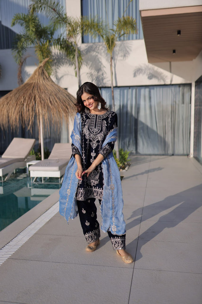 Navy Blue Velvet Zari Embroidered Top Pant Set with Sequins Dupatta ClothsVilla