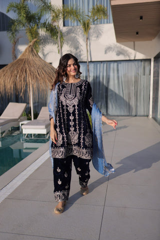 Navy Blue Velvet Zari Embroidered Top Pant Set with Sequins Dupatta ClothsVilla