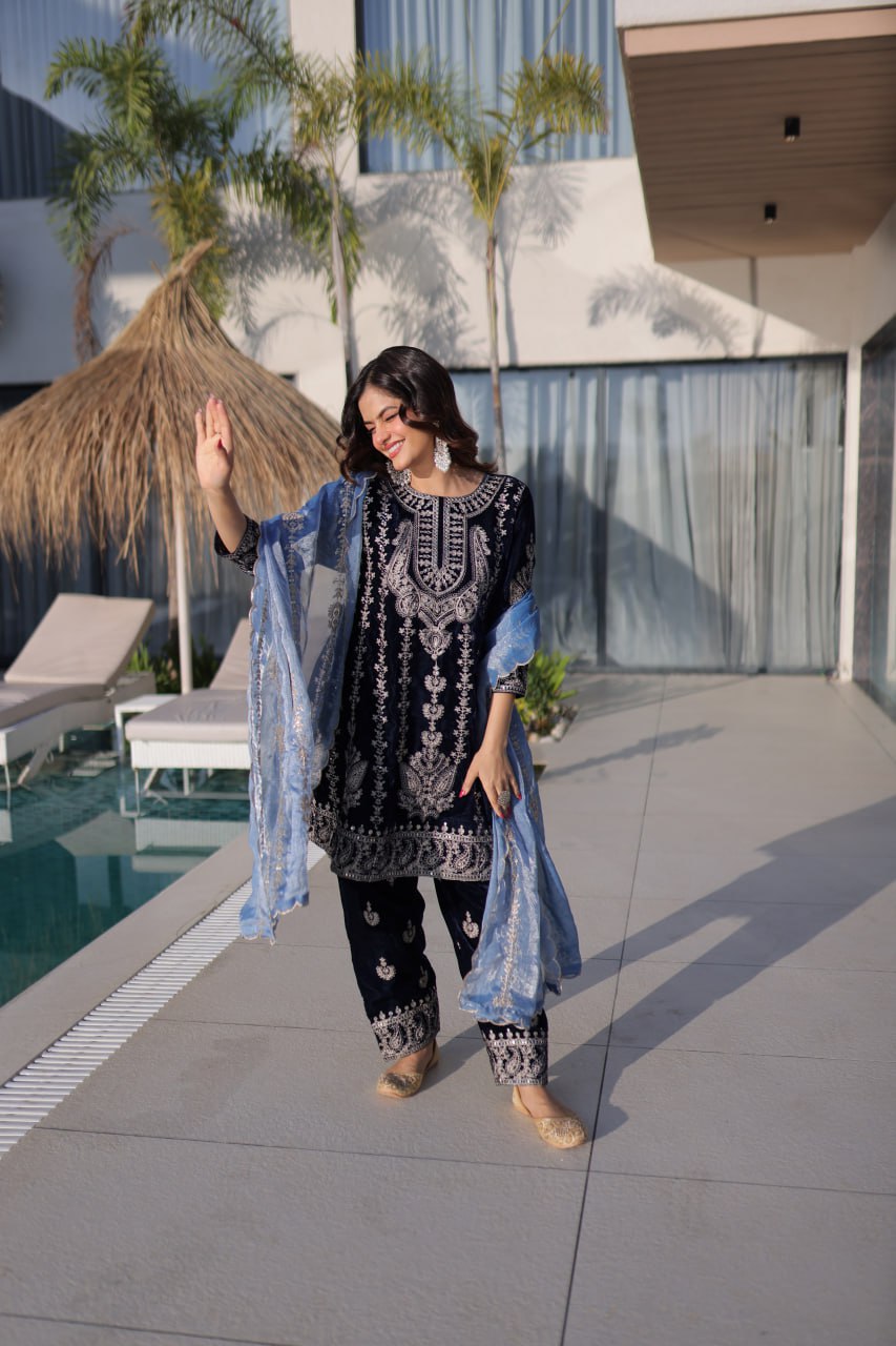 Navy Blue Velvet Zari Embroidered Top Pant Set with Sequins Dupatta ClothsVilla