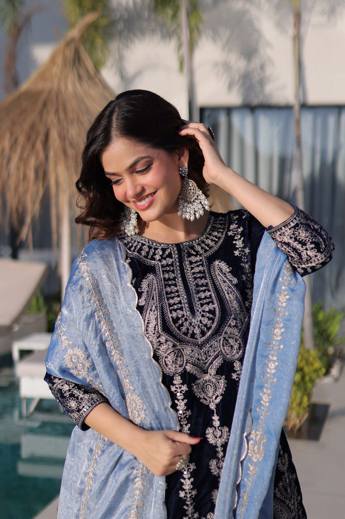 Navy Blue Velvet Zari Embroidered Top Pant Set with Sequins Dupatta ClothsVilla