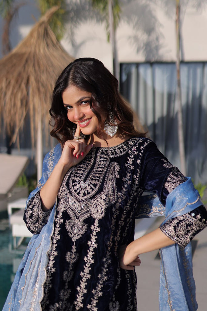Navy Blue Velvet Zari Embroidered Top Pant Set with Sequins Dupatta ClothsVilla
