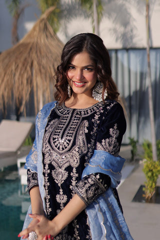 Navy Blue Velvet Zari Embroidered Top Pant Set with Sequins Dupatta ClothsVilla
