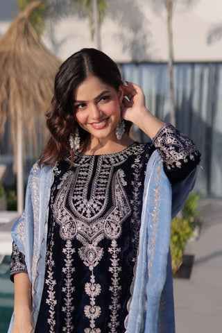 Navy Blue Velvet Zari Embroidered Top Pant Set with Sequins Dupatta ClothsVilla