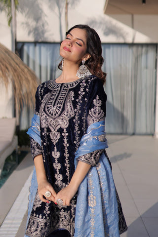 Navy Blue Velvet Zari Embroidered Top Pant Set with Sequins Dupatta ClothsVilla
