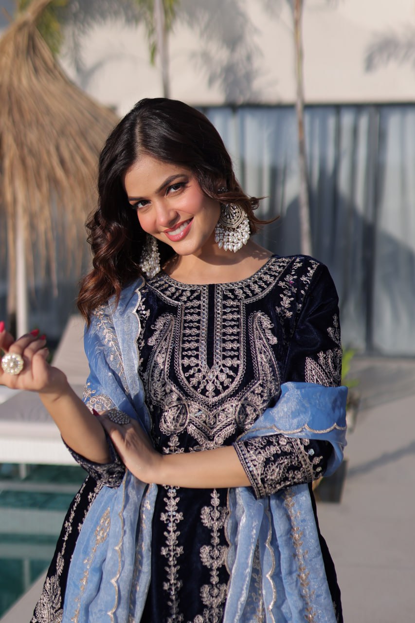 Navy Blue Velvet Zari Embroidered Top Pant Set with Sequins Dupatta ClothsVilla