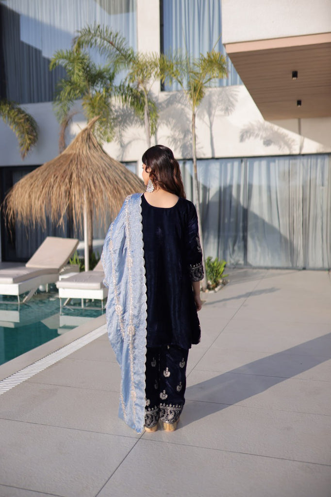Navy Blue Velvet Zari Embroidered Top Pant Set with Sequins Dupatta ClothsVilla