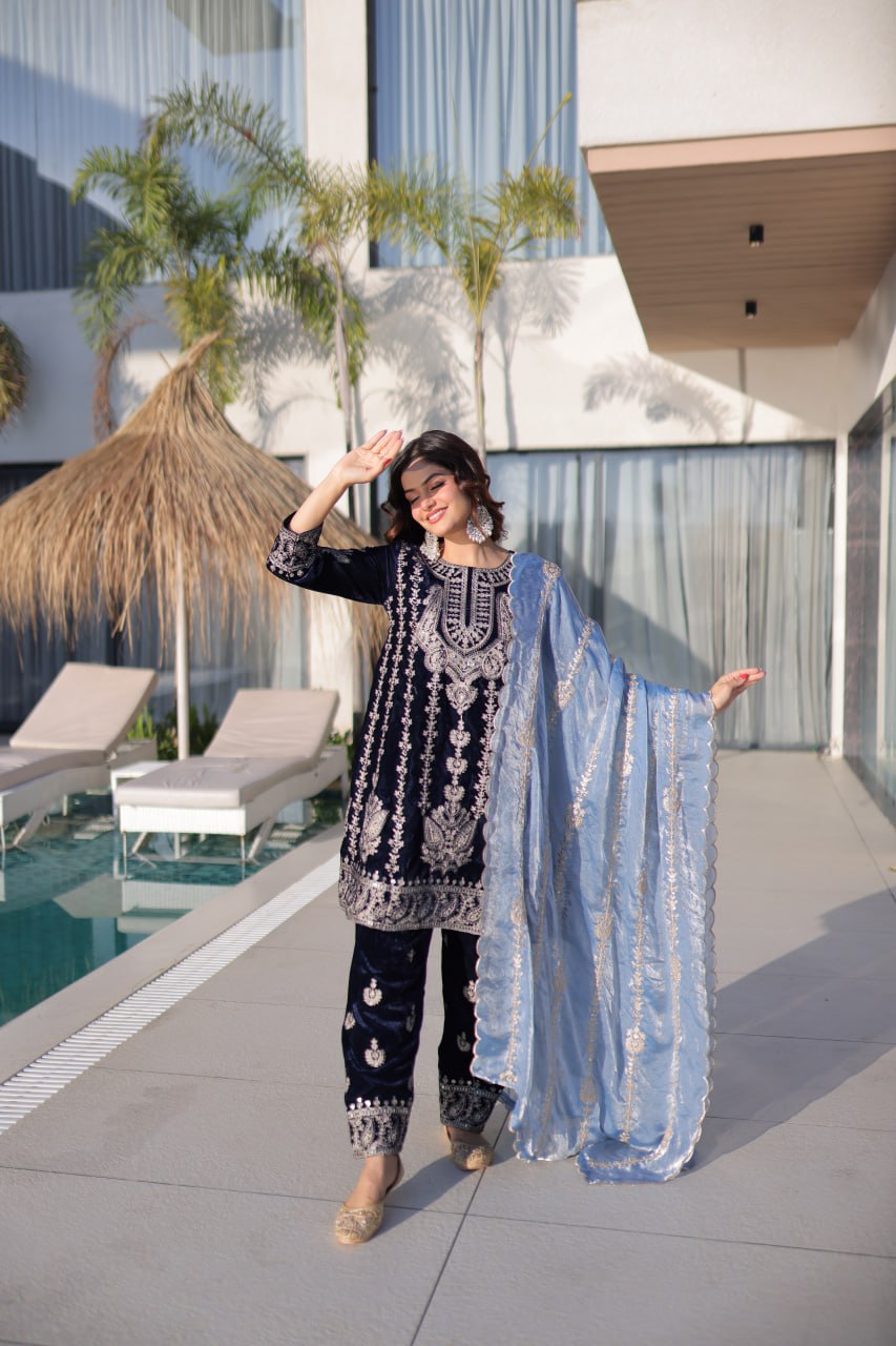 Navy Blue Velvet Zari Embroidered Top Pant Set with Sequins Dupatta ClothsVilla