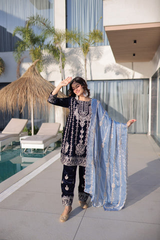 Navy Blue Velvet Zari Embroidered Top Pant Set with Sequins Dupatta ClothsVilla