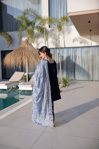 Navy Blue Velvet Zari Embroidered Top Pant Set with Sequins Dupatta ClothsVilla