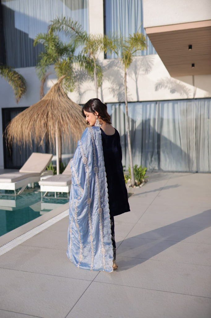 Navy Blue Velvet Zari Embroidered Top Pant Set with Sequins Dupatta ClothsVilla