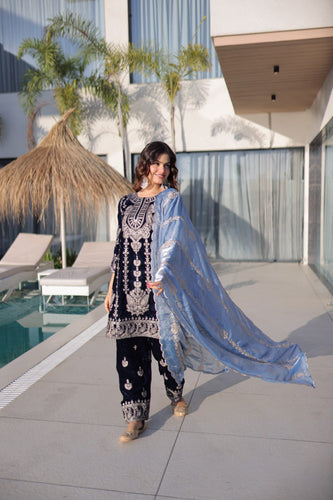 Navy Blue Velvet Zari Embroidered Top Pant Set with Sequins Dupatta ClothsVilla