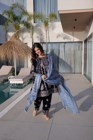 Navy Blue Velvet Zari Embroidered Top Pant Set with Sequins Dupatta ClothsVilla