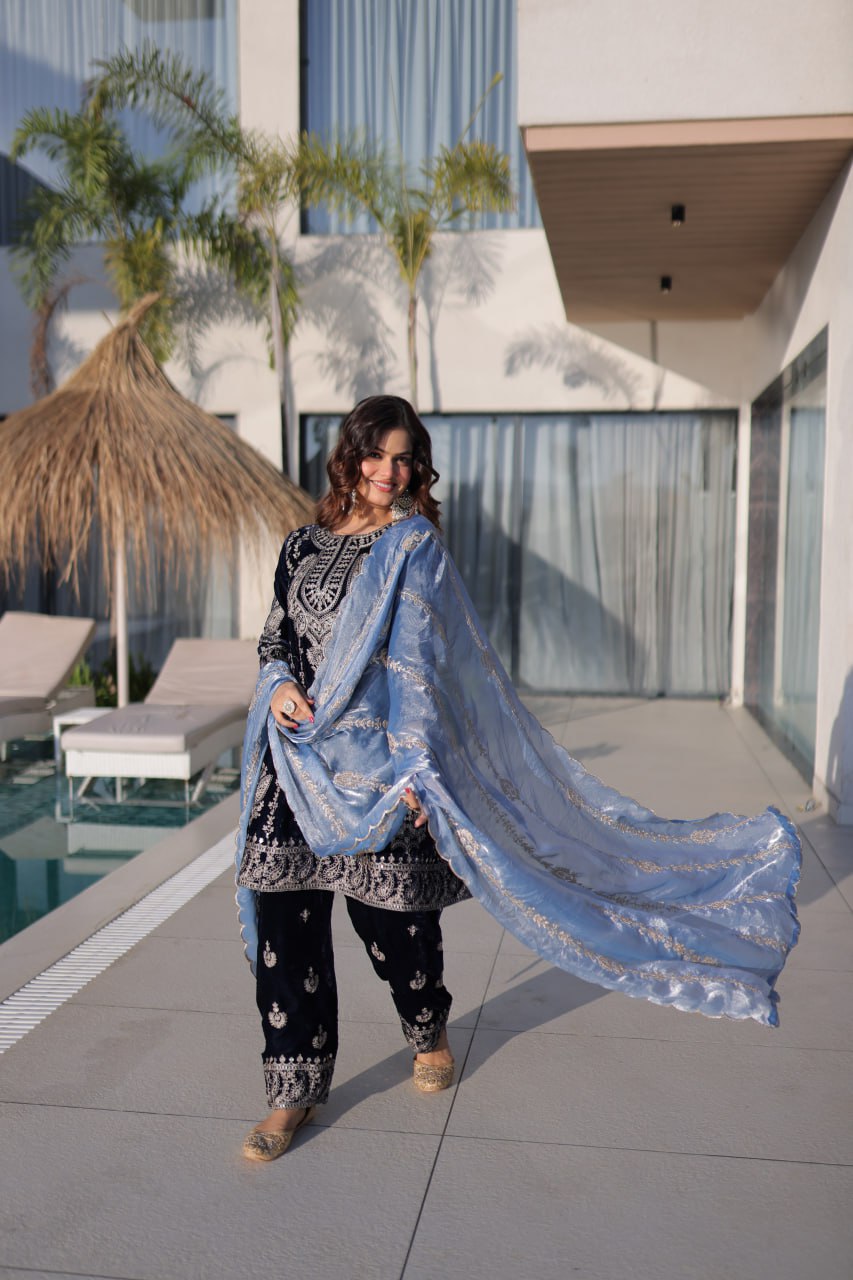 Navy Blue Velvet Zari Embroidered Top Pant Set with Sequins Dupatta ClothsVilla