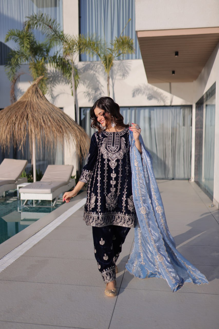 Navy Blue Velvet Zari Embroidered Top Pant Set with Sequins Dupatta ClothsVilla