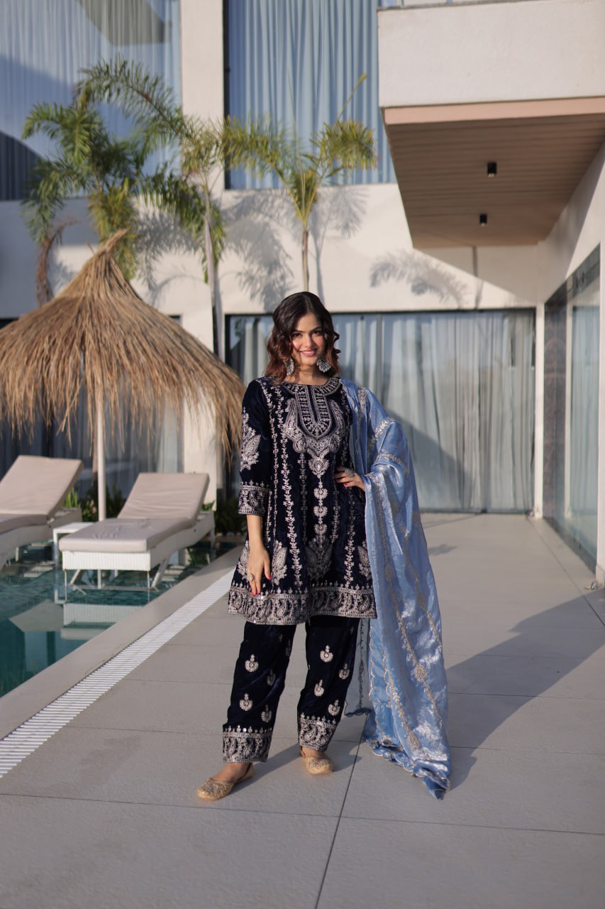 Navy Blue Velvet Zari Embroidered Top Pant Set with Sequins Dupatta ClothsVilla