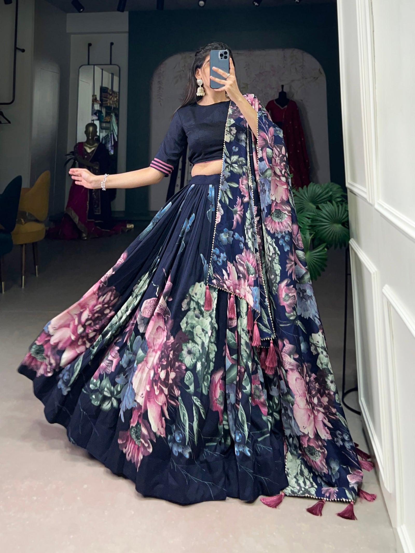 Navy Blue Vibrant Floral Print Tussar Silk Lehenga Set with Gotta Patti Border & Tassels