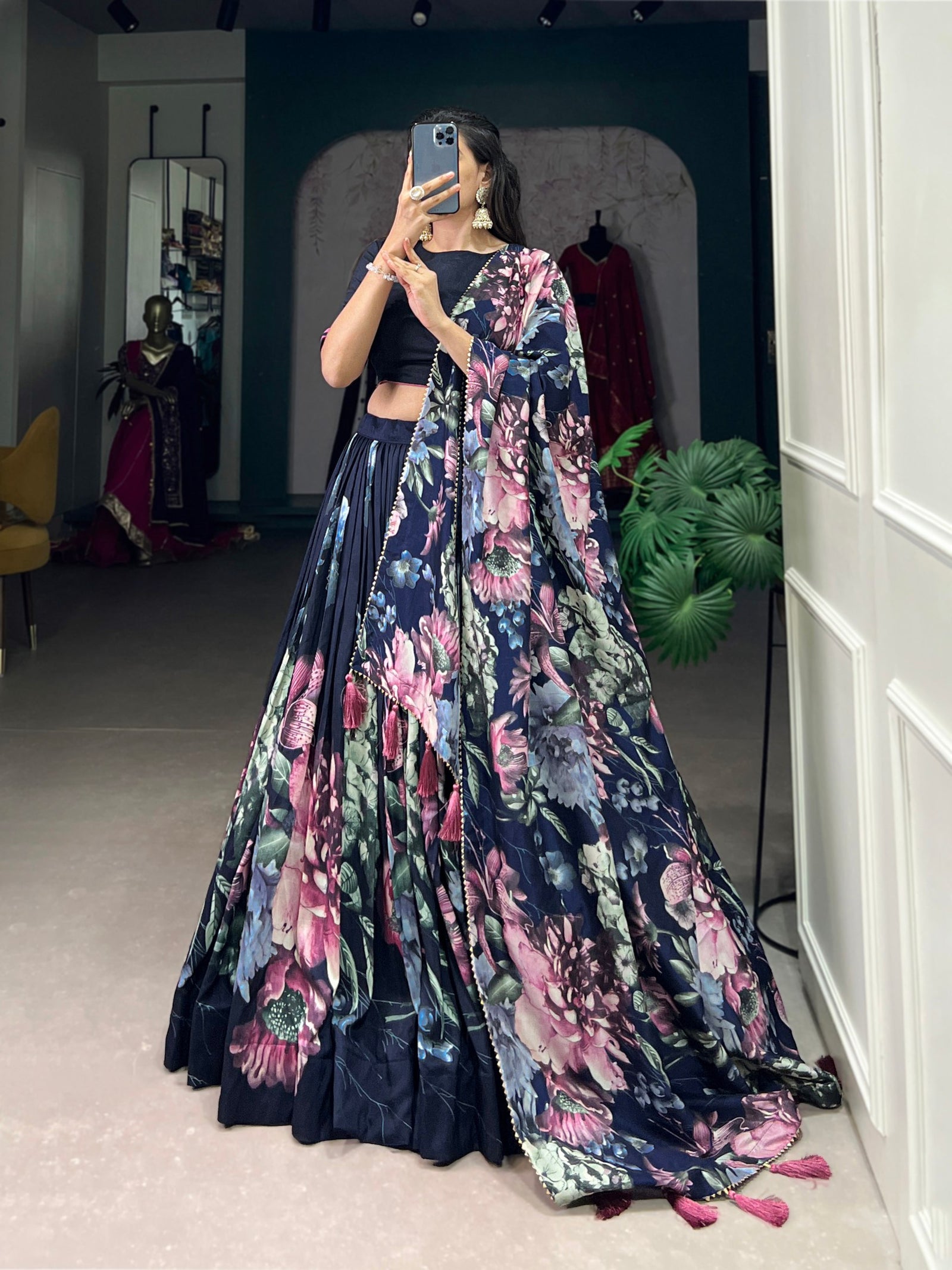 Navy Blue Vibrant Floral Print Tussar Silk Lehenga Set with Gotta Patti Border & Tassels