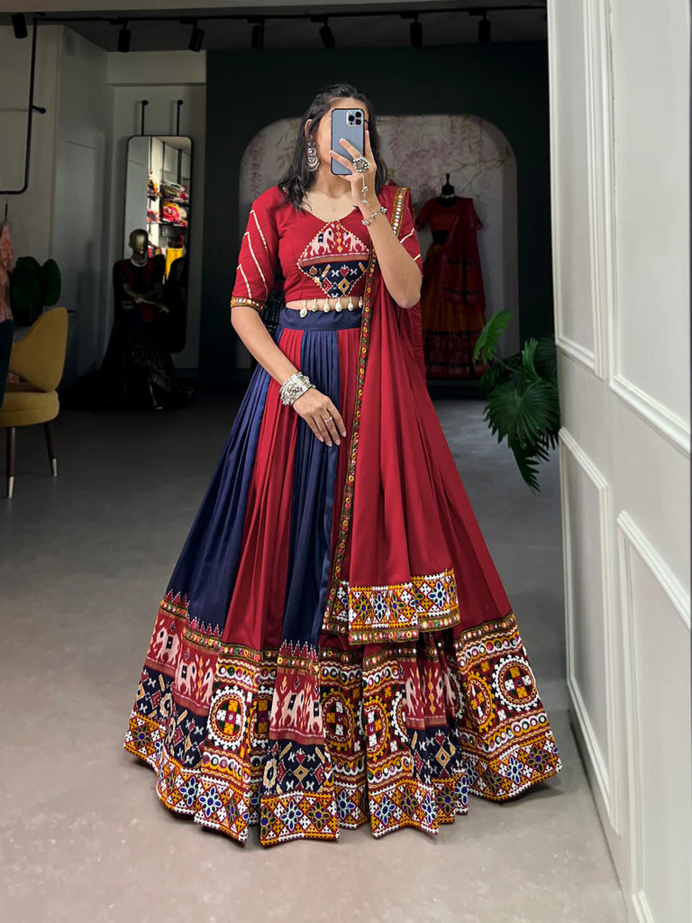 Navy Blue Vibrant Printed Silk Lehenga with Gamthi & Mirror Work ClothsVilla