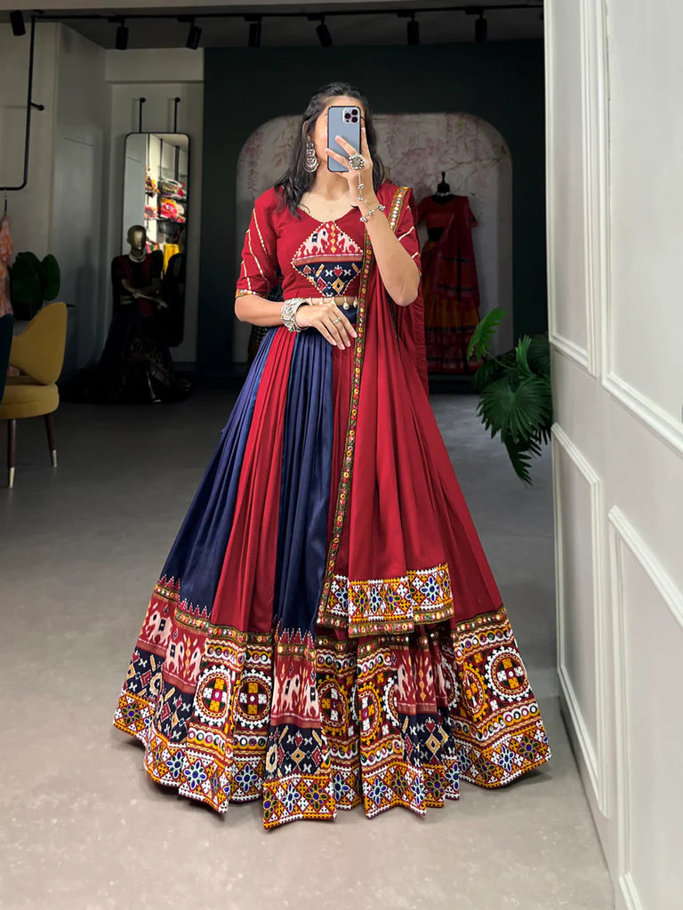 Navy Blue Vibrant Printed Silk Lehenga with Gamthi & Mirror Work ClothsVilla