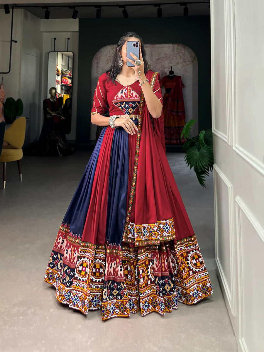 Navy Blue Vibrant Printed Silk Lehenga with Gamthi & Mirror Work Navy Blue Vibrant Printed Silk Lehenga with Gamthi & Mirror Work
