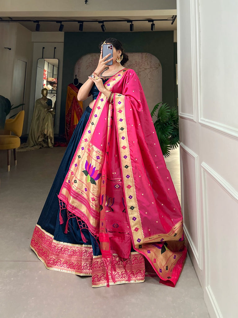 Navy Blue Vichitra Silk Lehenga Choli with Paithani Lace and Zari Dupatta ClothsVilla