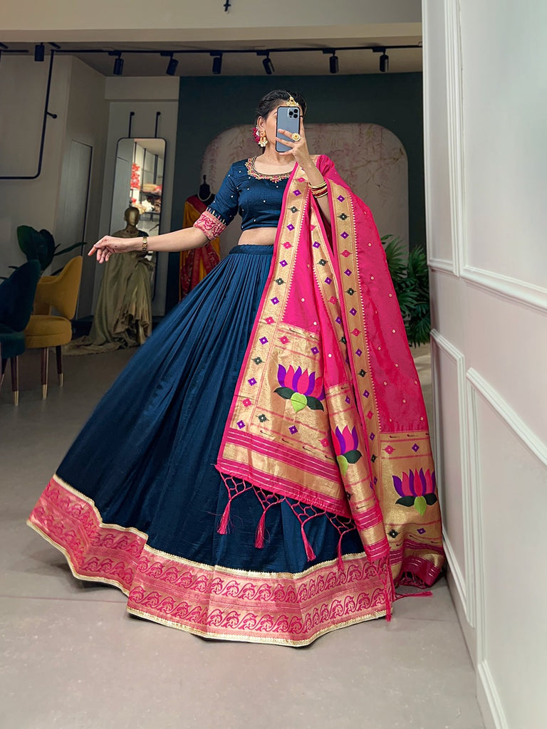 Navy Blue Vichitra Silk Lehenga Choli with Paithani Lace and Zari Dupatta ClothsVilla