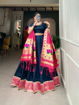 Navy Blue Vichitra Silk Lehenga Choli with Paithani Lace and Zari Dupatta ClothsVilla