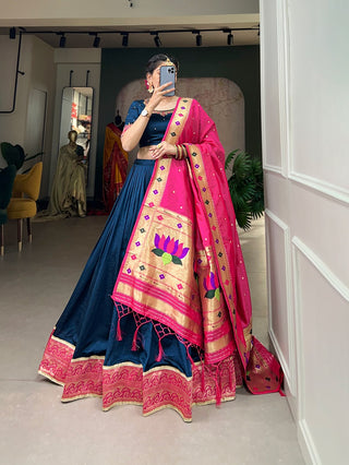 Navy Blue Vichitra Silk Lehenga Choli with Paithani Lace and Zari Dupatta ClothsVilla