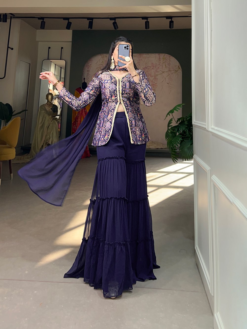 Navy Blue Viscose Jacquard Kurta Palazzo Set with Weaving Work and Printed Detailing ClothsVilla