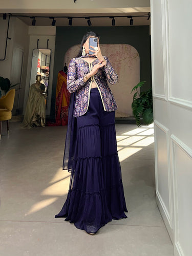 Navy Blue Viscose Jacquard Kurta Palazzo Set with Weaving Work and Printed Detailing ClothsVilla