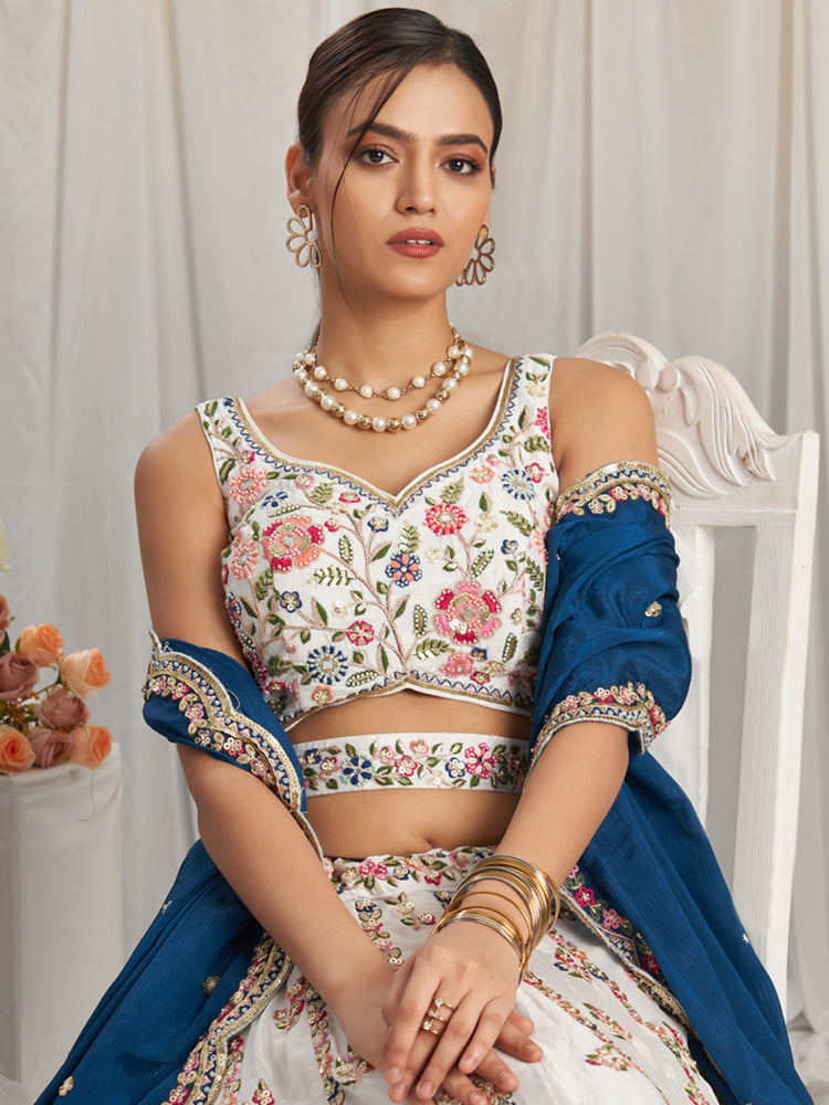Navy Blue White Georgette Moti, Sequins embroidery Semi-Stitched Bridel Lehenga choli & Dupatta Clothsvilla