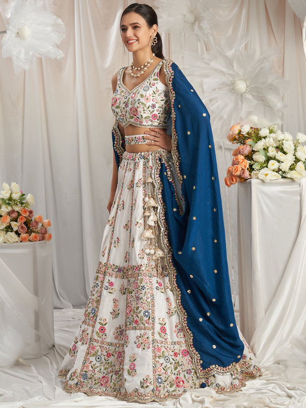Navy Blue White Georgette Moti, Sequins embroidery Semi-Stitched Bridel Lehenga choli & Dupatta Clothsvilla