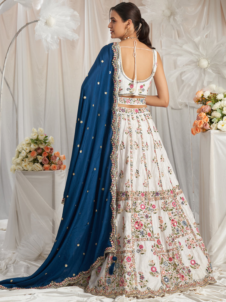 Navy Blue White Georgette Moti, Sequins embroidery Semi-Stitched Bridel Lehenga choli & Dupatta Clothsvilla