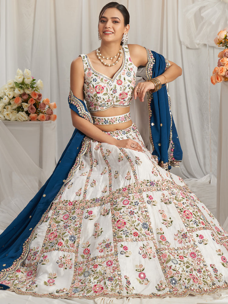 Navy Blue White Georgette Moti, Sequins embroidery Semi-Stitched Bridel Lehenga choli & Dupatta Clothsvilla