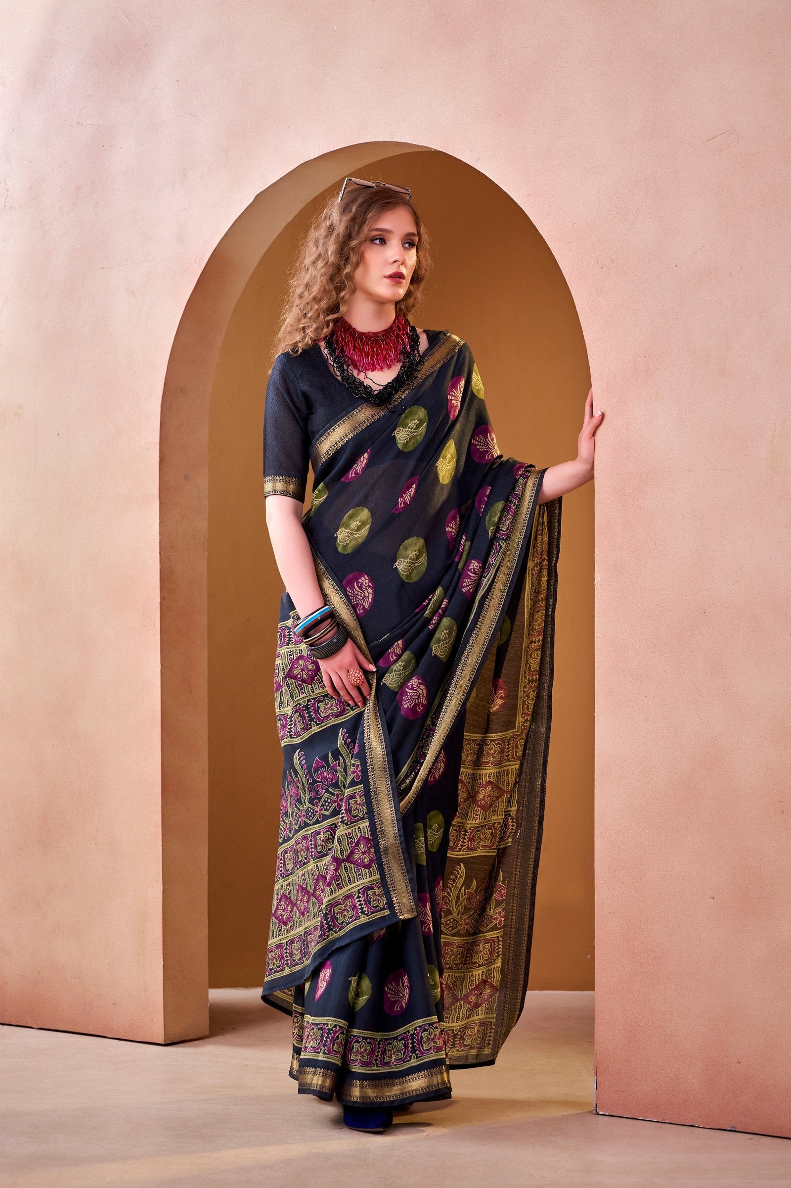 Navy Blue Chanderi Printed Saree ClothsVilla