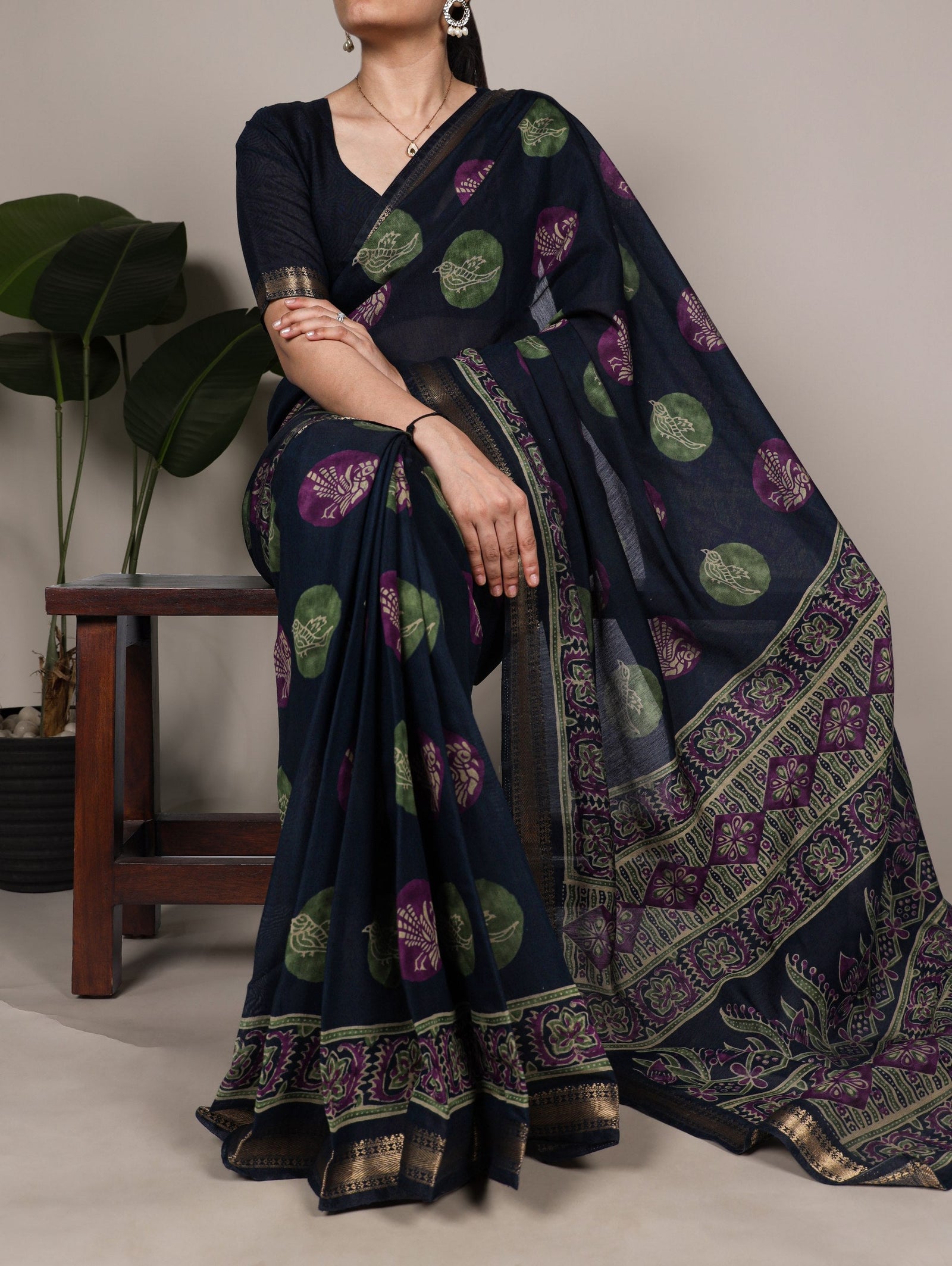 Navy Blue Chanderi Printed Saree ClothsVilla
