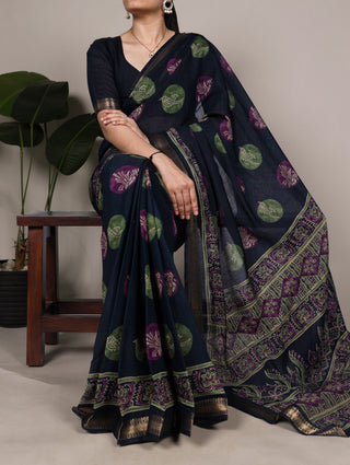 Navy Blue Chanderi Printed Saree ClothsVilla