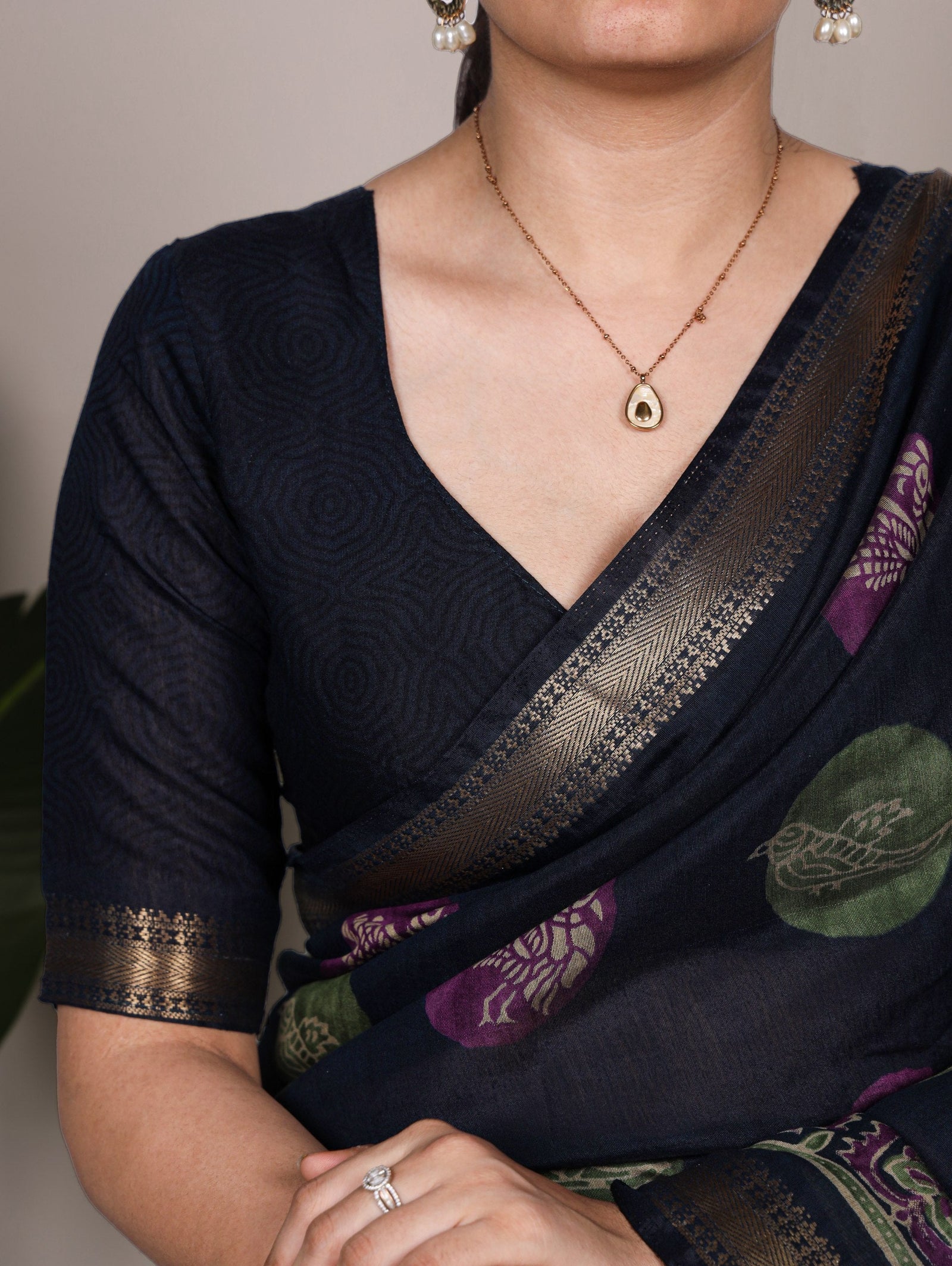 Navy Blue Chanderi Printed Saree ClothsVilla