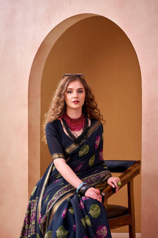 Navy Blue Chanderi Printed Saree ClothsVilla